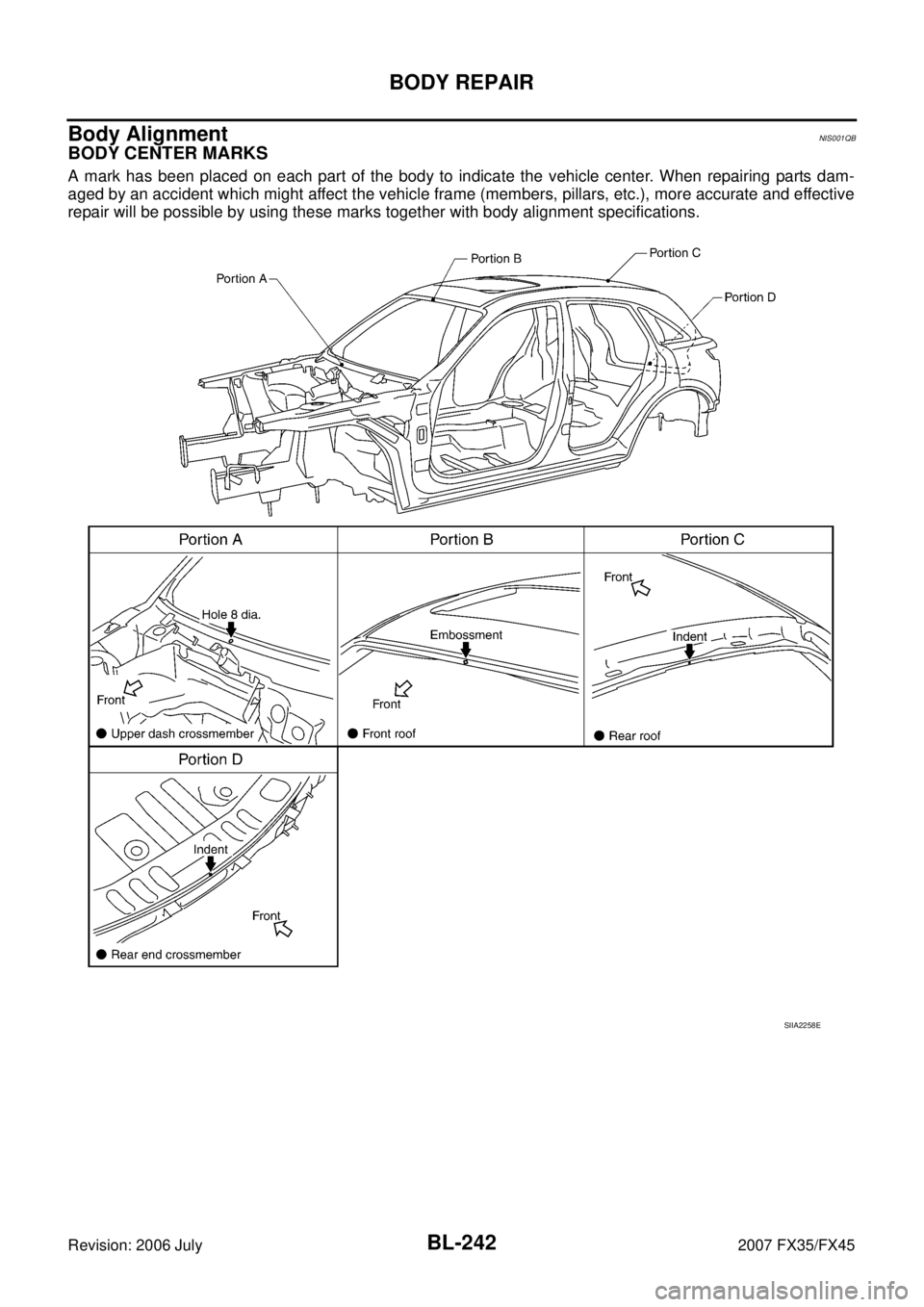 INFINITI FX35 2007  Service Manual BL-242
BODY REPAIR
Revision: 2006 July 2007 FX35/FX45
Body AlignmentNIS001QB
BODY CENTER MARKS
A mark has been placed on each part of the body to indicate the vehicle center. When repairing parts dam-