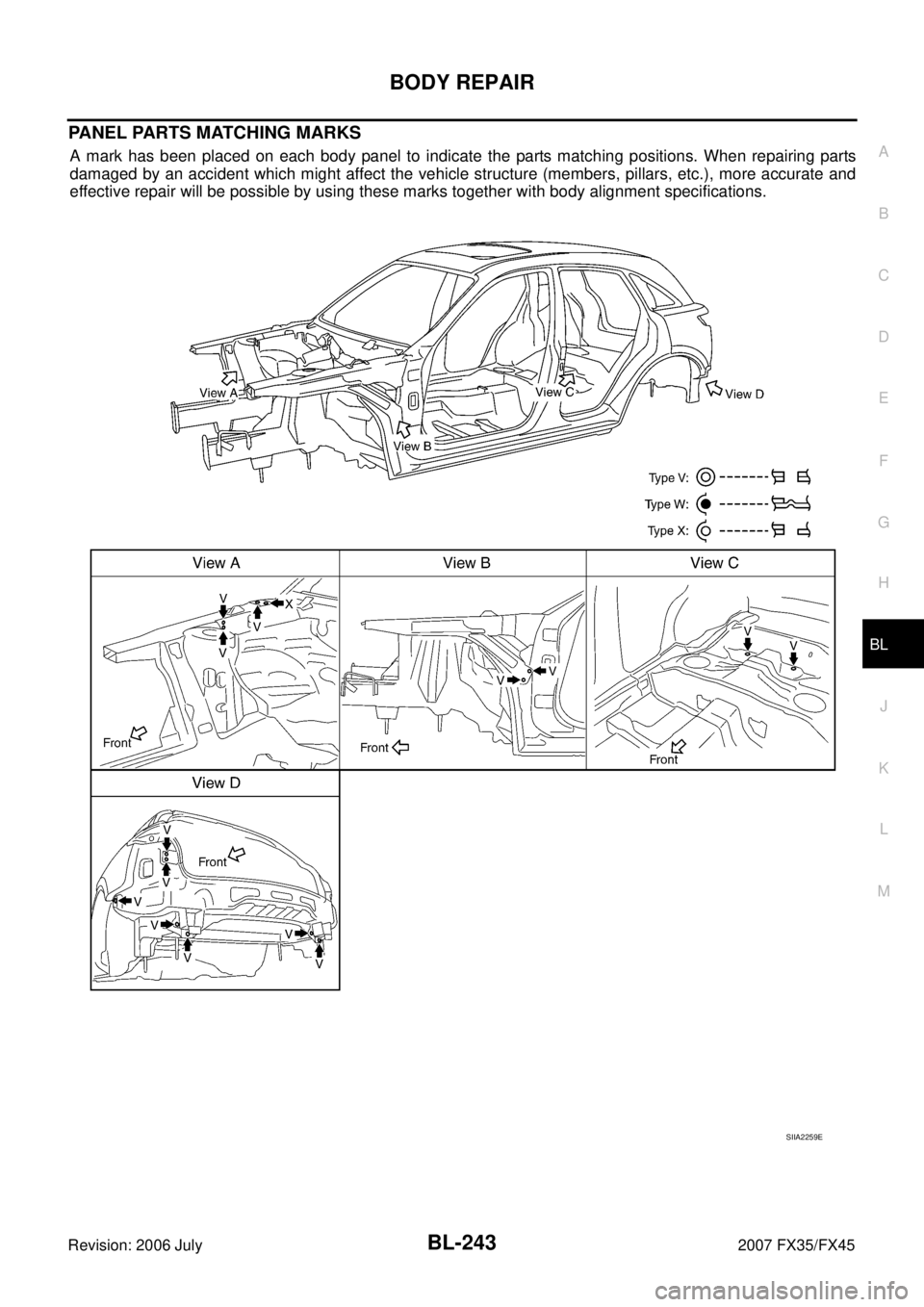 INFINITI FX35 2007  Service Manual BODY REPAIR BL-243
C 
D  E 
F 
G  H 
J 
K  L 
M  A 
B
BL 
Revision: 2006 July  2007 FX35/FX45
PANEL PARTS MATCHING MARKS
A mark has been placed on each body panel to indicate the parts matching positi