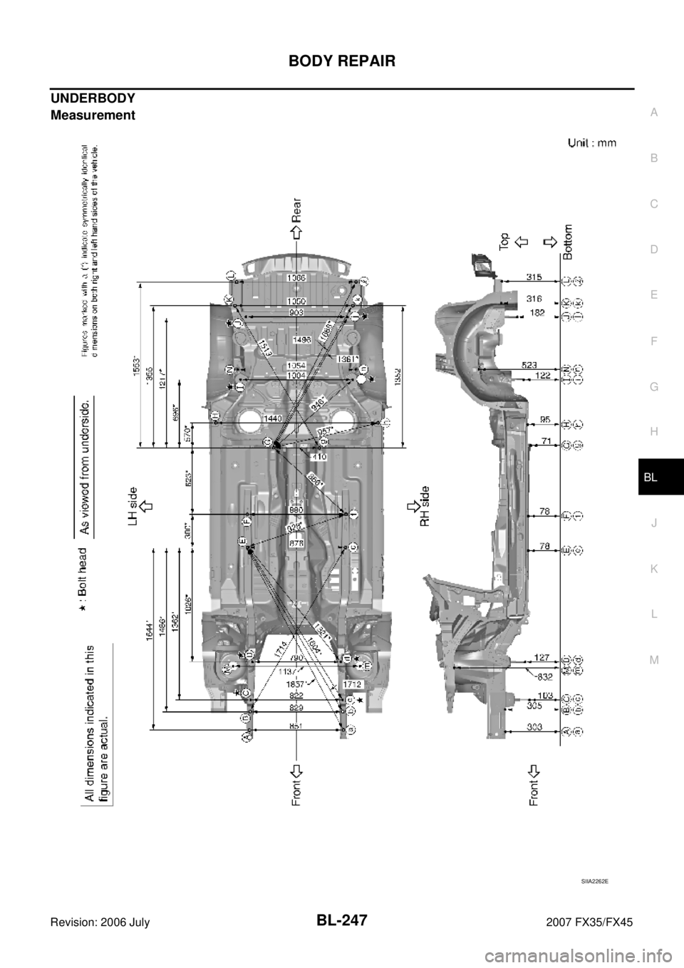 INFINITI FX35 2007  Service Manual BODY REPAIR BL-247
C 
D  E 
F 
G  H 
J 
K  L 
M  A 
B
BL 
Revision: 2006 July  2007 FX35/FX45
UNDERBODY 
Measurement
SIIA2262E 