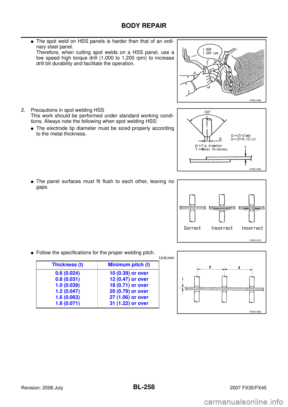 INFINITI FX35 2007  Service Manual BL-258
BODY REPAIR
Revision: 2006 July 2007 FX35/FX45
The spot weld on HSS panels is harder than that of an ordi- 
nary steel panel.
Therefore, when cutting spot welds on a HSS panel, use a
low speed