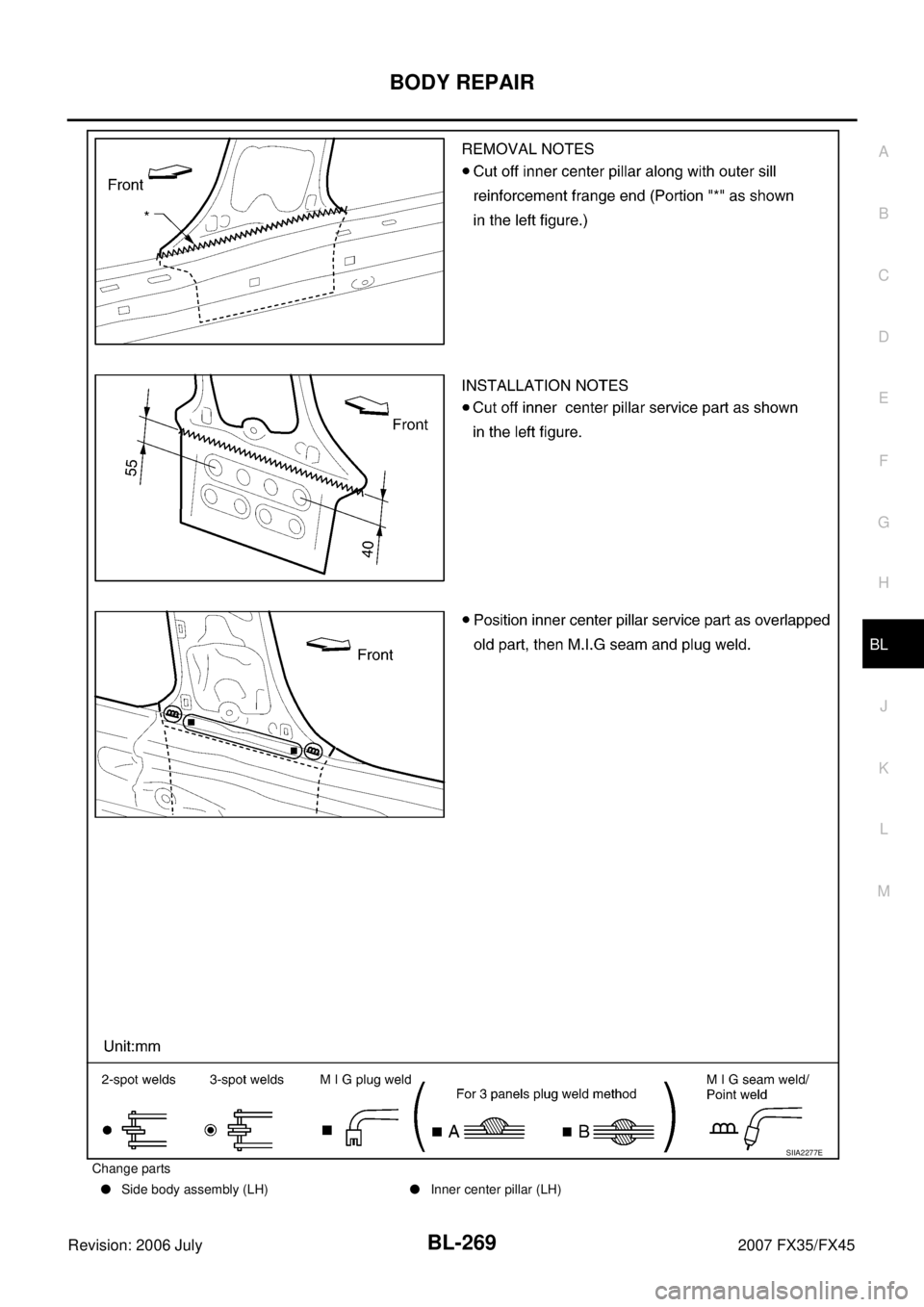 INFINITI FX35 2007  Service Manual BODY REPAIR BL-269
C 
D  E 
F 
G  H 
J 
K  L 
M  A 
B
BL 
Revision: 2006 July  2007 FX35/FX45
Change parts 
  Side body assembly (LH) Inner center pillar (LH)
SIIA2277E 