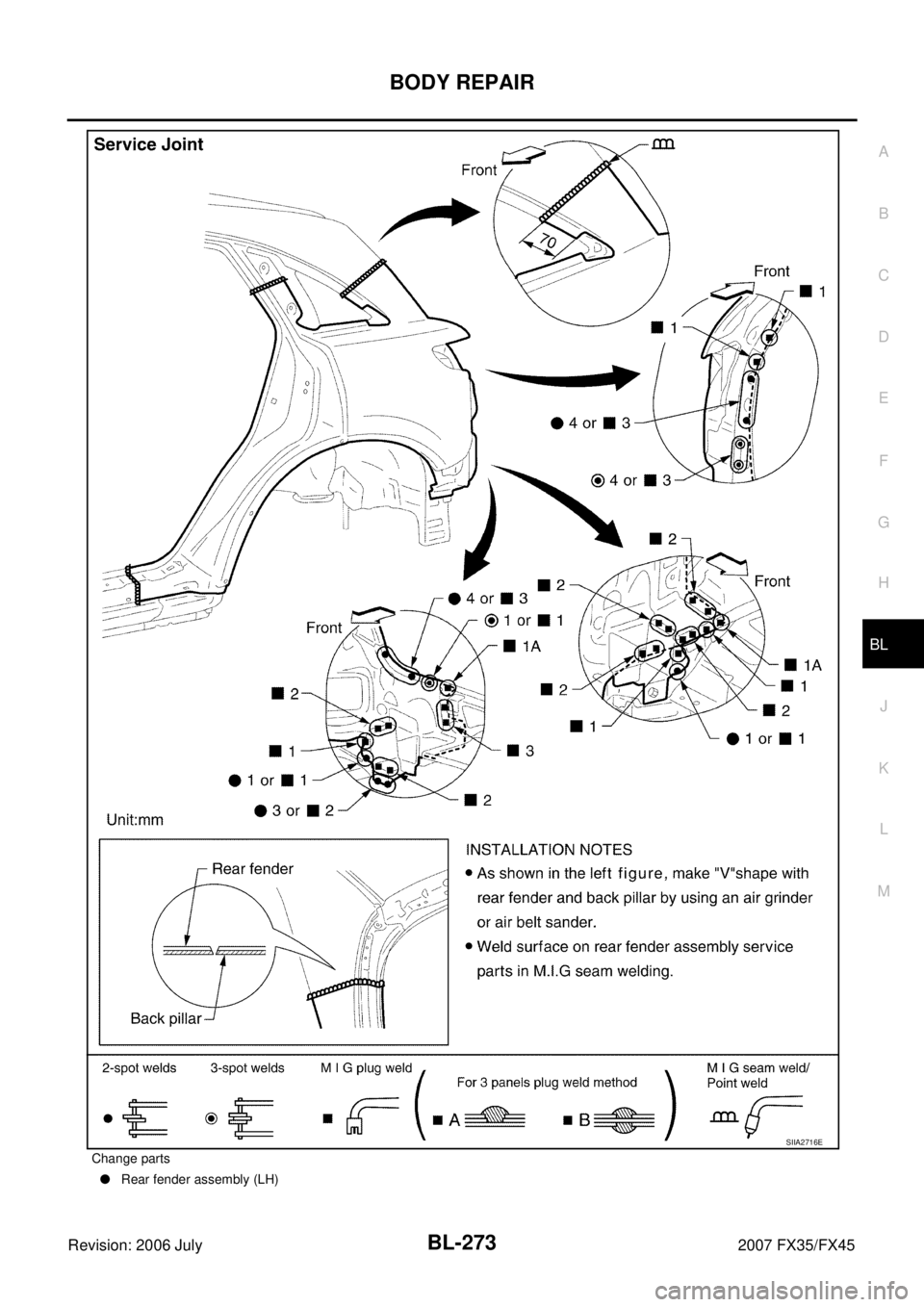INFINITI FX35 2007  Service Manual BODY REPAIR BL-273
C 
D  E 
F 
G  H 
J 
K  L 
M  A 
B
BL 
Revision: 2006 July  2007 FX35/FX45
Change parts 
  Rear fender assembly (LH)
SIIA2716E 