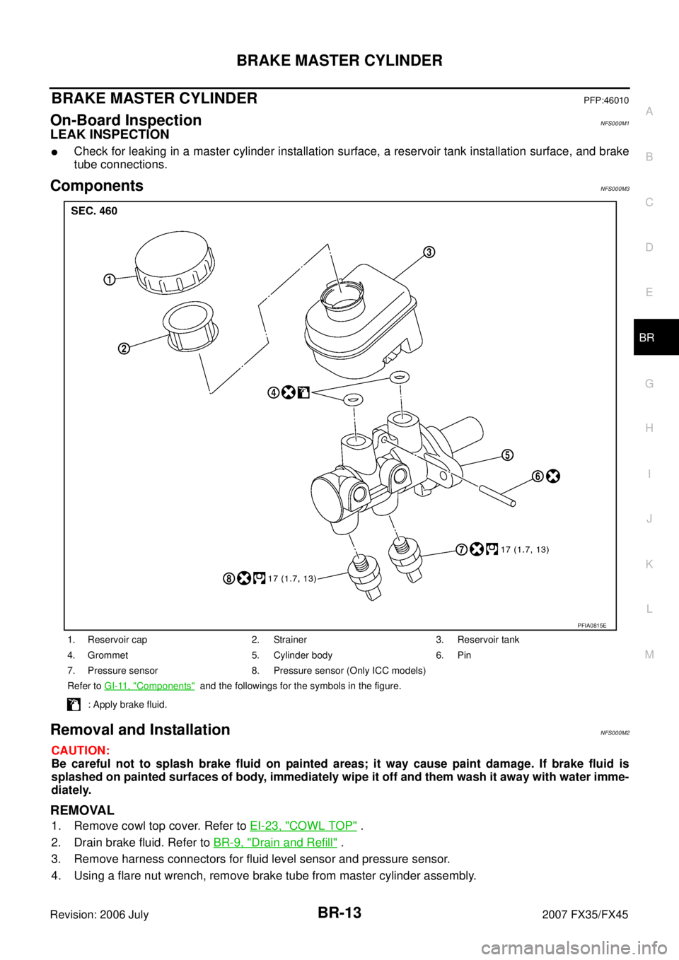 INFINITI FX35 2007  Service Manual BRAKE MASTER CYLINDER BR-13
C 
D  E 
G  H 
I 
J 
K  L 
M  A 
B
BR 
Revision: 2006 July  2007 FX35/FX45
BRAKE MASTER CYLINDERPFP:46010
On-Board InspectionNFS000M1
LEAK INSPECTION
Check for leaking in 