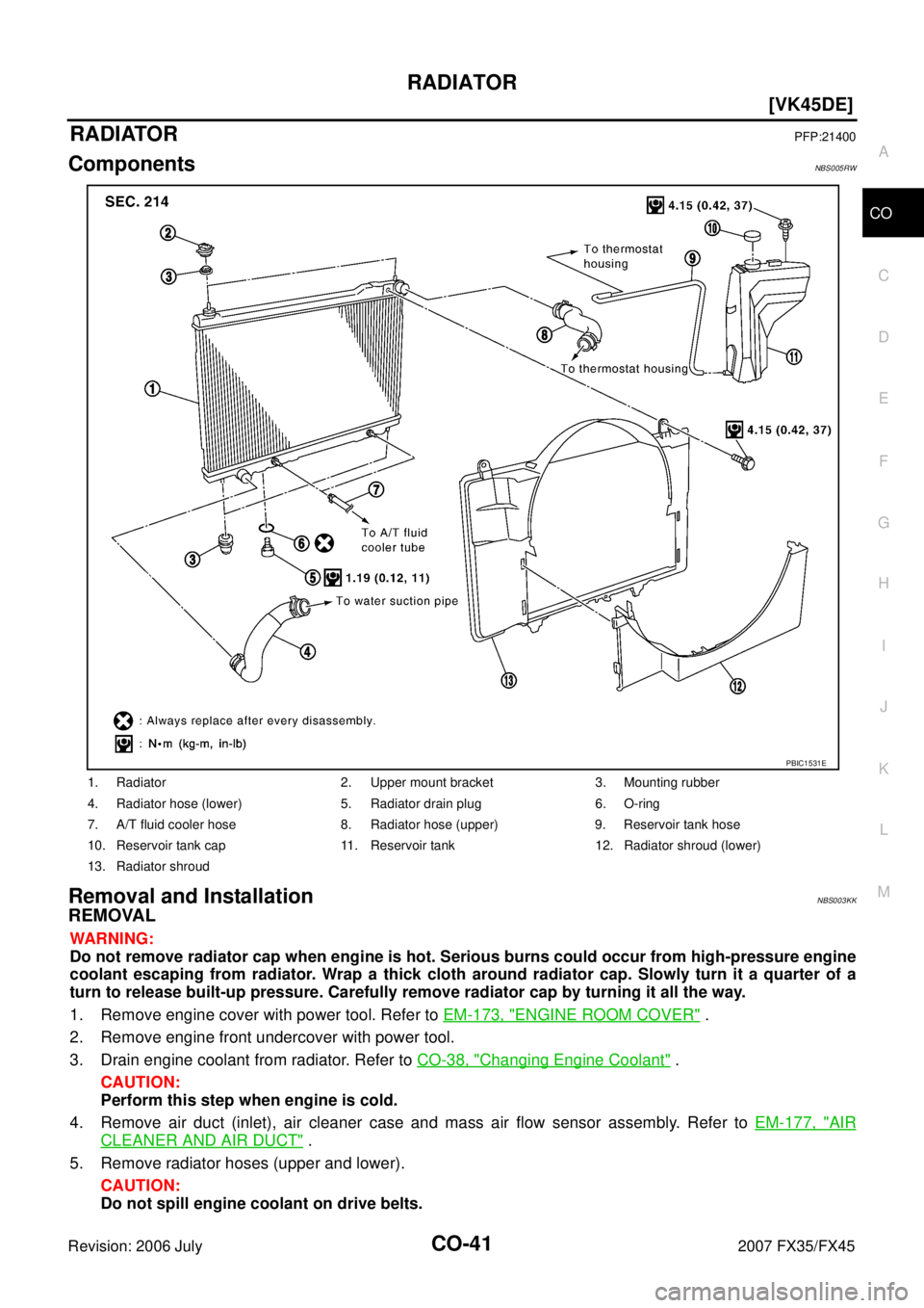 INFINITI FX35 2007  Service Manual RADIATOR CO-41
[VK45DE]
C 
D  E 
F 
G  H 
I 
J 
K  L 
M  A
CO 
Revision: 2006 July  2007 FX35/FX45
RADIATORPFP:21400
ComponentsNBS005RW
Removal and InstallationNBS003KK
REMOVAL
WARNING: 
Do not remove