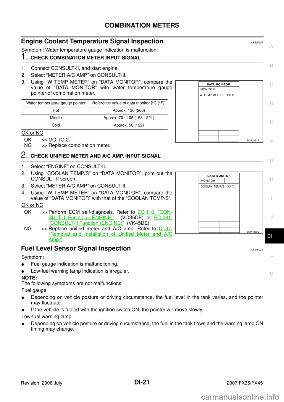 INFINITI FX35 2007  Service Manual COMBINATION METERS DI-21
C 
D  E 
F 
G  H 
I 
J 
L 
M  A 
B
DI 
Revision: 2006 July  2007 FX35/FX45
Engine Coolant Temperature Signal InspectionNKS002ZR
Symptom: Water temperature gauge indication is 