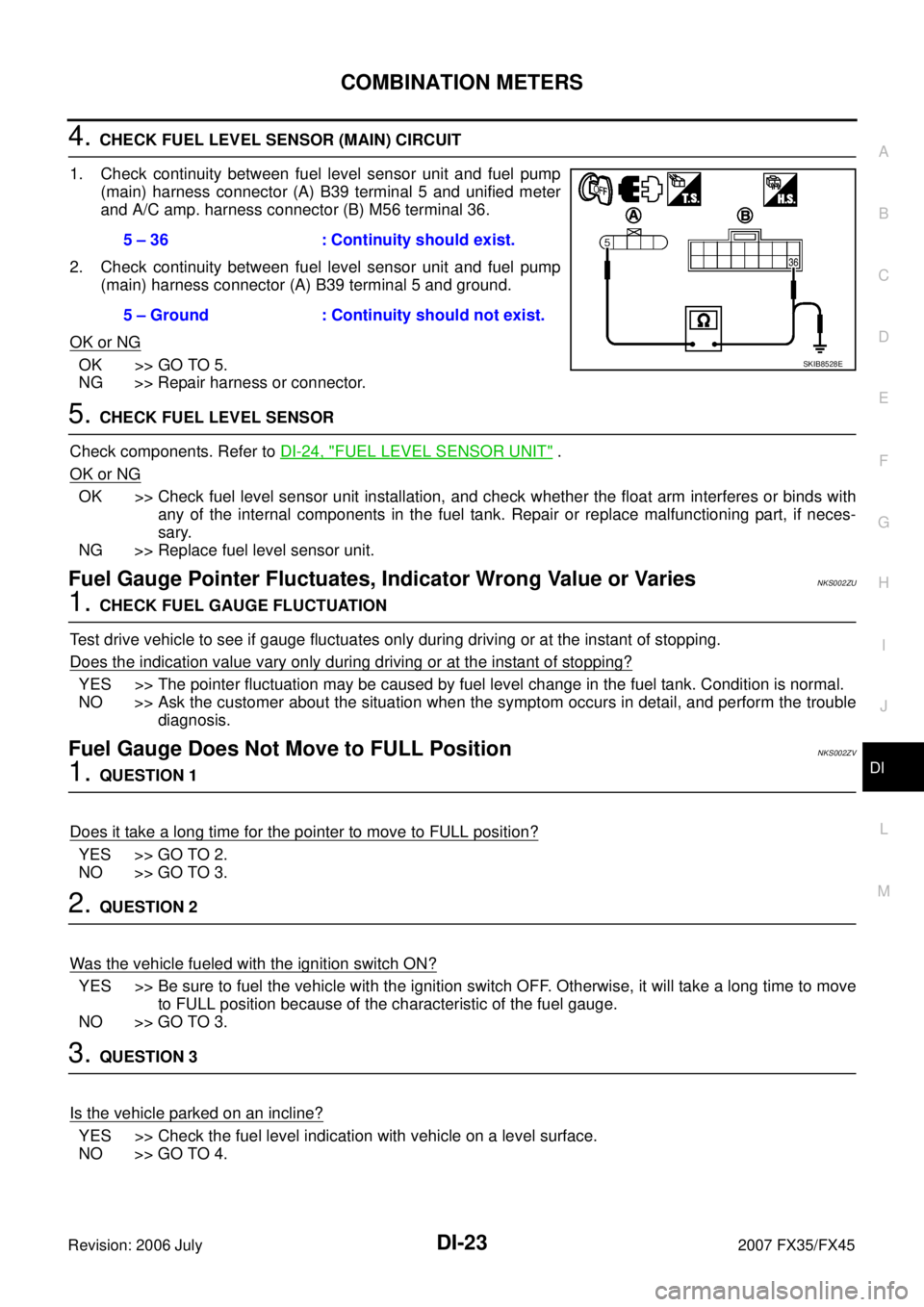 INFINITI FX35 2007 Service Manual COMBINATION METERS DI-23
C
D E
F
G H
I
J
L
M A
B
DI
Revision: 2006 July 2007 FX35/FX45
4. CHECK FUEL LEVEL SENSOR (MAIN) CIRCUIT
1. Check continuity between fuel level sensor unit and fu INFINITI FX35 2007 Service Manual COMBINATION METERS DI-23
C
D E
F
G H
I
J
L
M A
B
DI
Revision: 2006 July 2007 FX35/FX45
4. CHECK FUEL LEVEL SENSOR (MAIN) CIRCUIT
1. Check continuity between fuel level sensor unit and fu