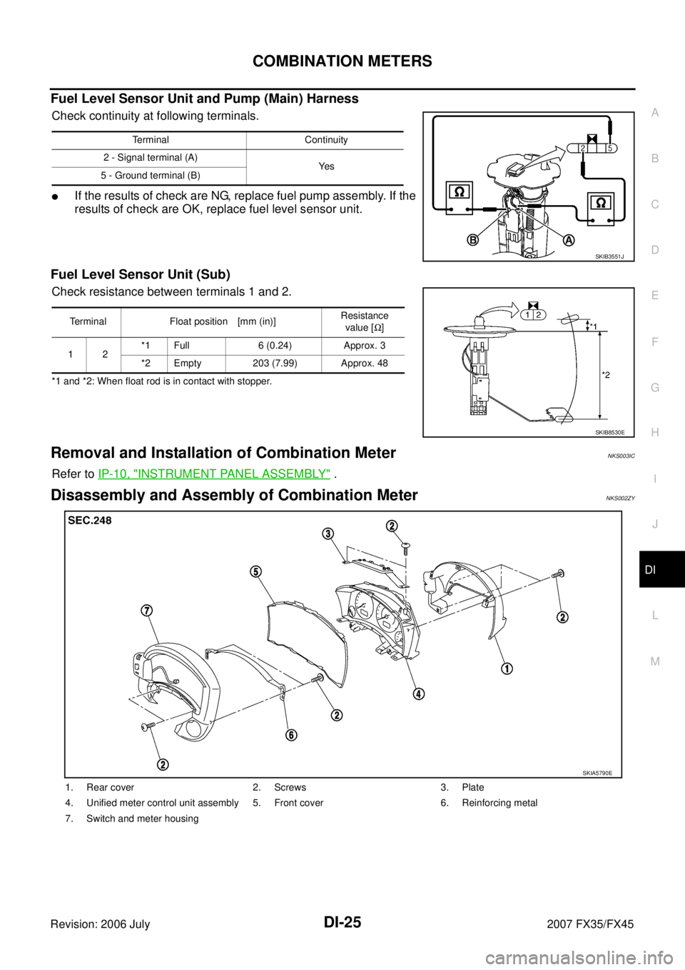INFINITI FX35 2007  Service Manual COMBINATION METERS DI-25
C 
D  E 
F 
G  H 
I 
J 
L 
M  A 
B
DI 
Revision: 2006 July  2007 FX35/FX45
Fuel Level Sensor Unit and Pump (Main) Harness
Check continuity at following terminals.
If the resu