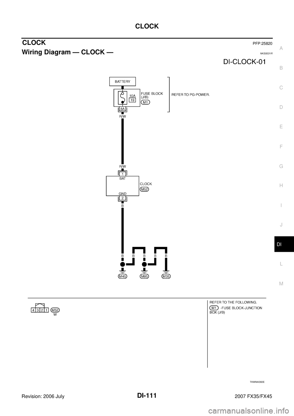 INFINITI FX35 2007  Service Manual CLOCK DI-111
C 
D  E 
F 
G  H 
I 
J 
L 
M  A 
B
DI 
Revision: 2006 July  2007 FX35/FX45
CLOCKPFP:25820
Wiring Diagram — CLOCK —NKS0031R
TKWM4360E 
