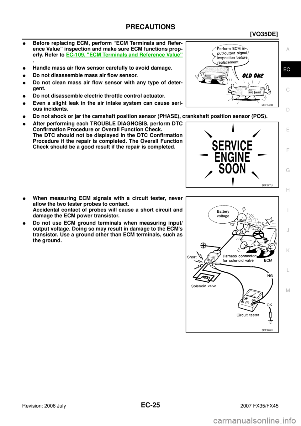 INFINITI FX35 2007  Service Manual PRECAUTIONS EC-25
[VQ35DE]
C 
D  E 
F 
G  H 
I 
J 
K  L 
M  A
EC 
Revision: 2006 July  2007 FX35/FX45
Before replacing ECM, perform “ECM Terminals and Refer- 
ence Value” inspection and make sure