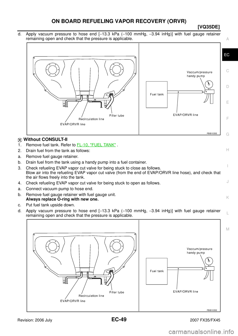 INFINITI FX35 2007  Service Manual ON BOARD REFUELING VAPOR RECOVERY (ORVR) EC-49
[VQ35DE]
C 
D  E 
F 
G  H 
I 
J 
K  L 
M  A
EC 
Revision: 2006 July  2007 FX35/FX45
d. Apply vacuum pressure to hose end [−13.3 kPa ( −100 mmHg,  −