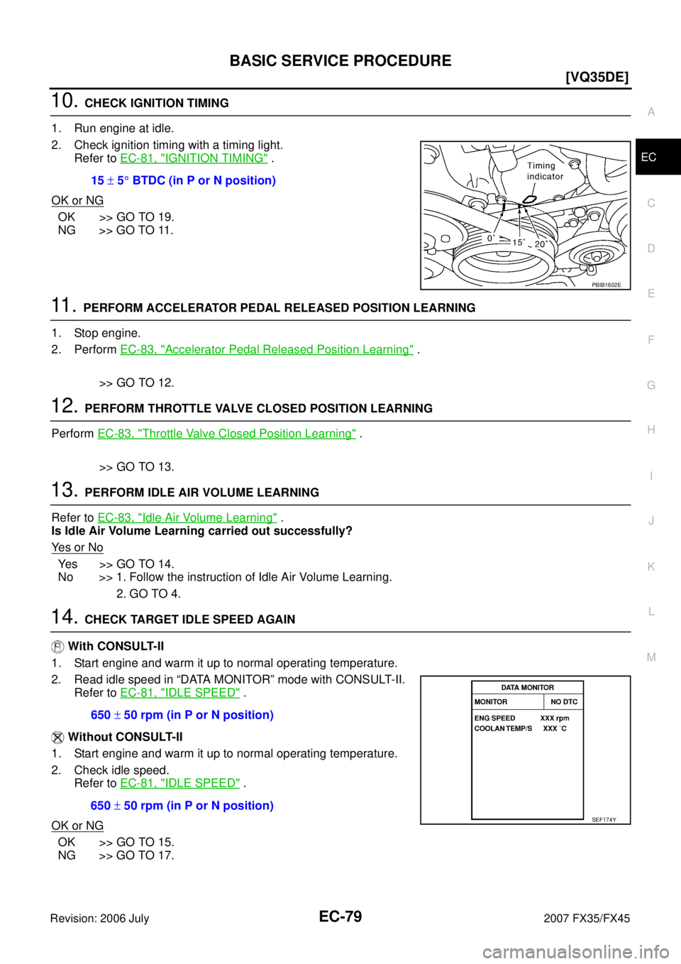 INFINITI FX35 2007  Service Manual BASIC SERVICE PROCEDURE EC-79
[VQ35DE]
C 
D  E 
F 
G  H 
I 
J 
K  L 
M  A
EC 
Revision: 2006 July  2007 FX35/FX45
10. CHECK IGNITION TIMING 
1. Run engine at idle. 
2. Check ignition timing with a tim