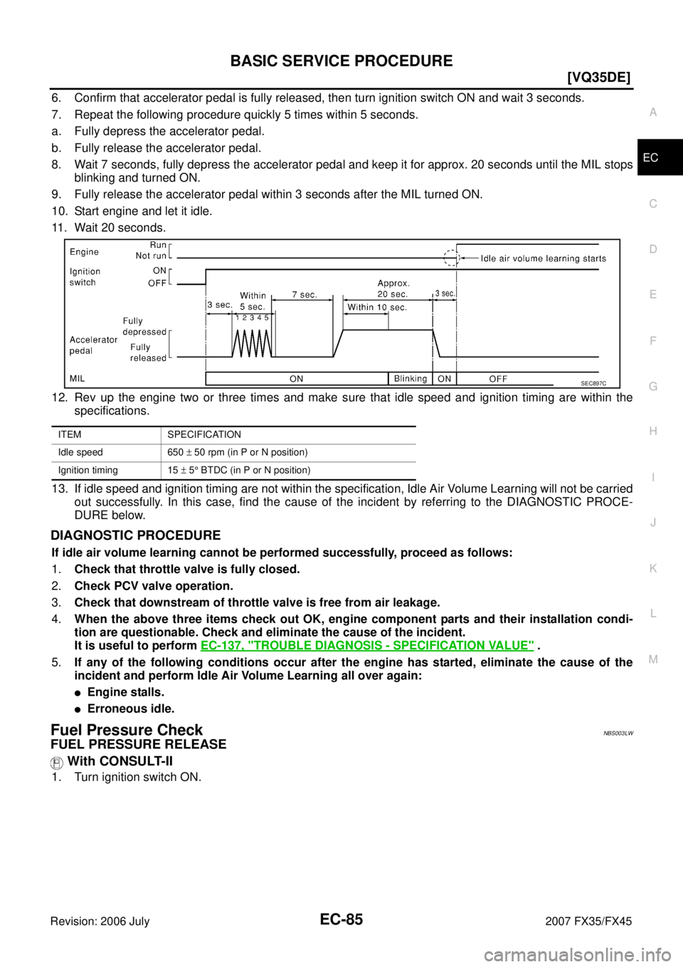INFINITI FX35 2007  Service Manual BASIC SERVICE PROCEDURE EC-85
[VQ35DE]
C 
D  E 
F 
G  H 
I 
J 
K  L 
M  A
EC 
Revision: 2006 July  2007 FX35/FX45
6. Confirm that accelerator pedal is fully released, then turn ignition switch ON and 