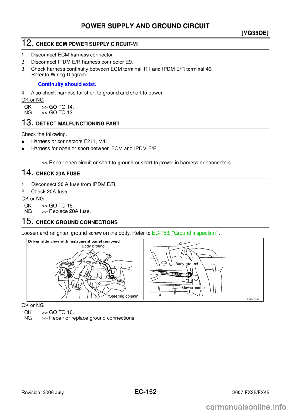 INFINITI FX35 2007  Service Manual EC-152
[VQ35DE]
POWER SUPPLY AND GROUND CIRCUIT
Revision: 2006 July 2007 FX35/FX45
12. CHECK ECM POWER SUPPLY CIRCUIT-VI 
1. Disconnect ECM harness connector. 
2. Disconnect IPDM E/R harness connector