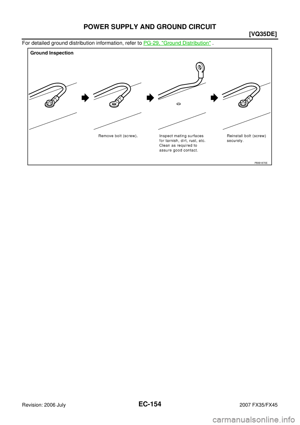 INFINITI FX35 2007  Service Manual EC-154
[VQ35DE]
POWER SUPPLY AND GROUND CIRCUIT
Revision: 2006 July 2007 FX35/FX45
For detailed ground distribution information, refer to PG-29, "Ground Distribution" .
PBIB1870E 