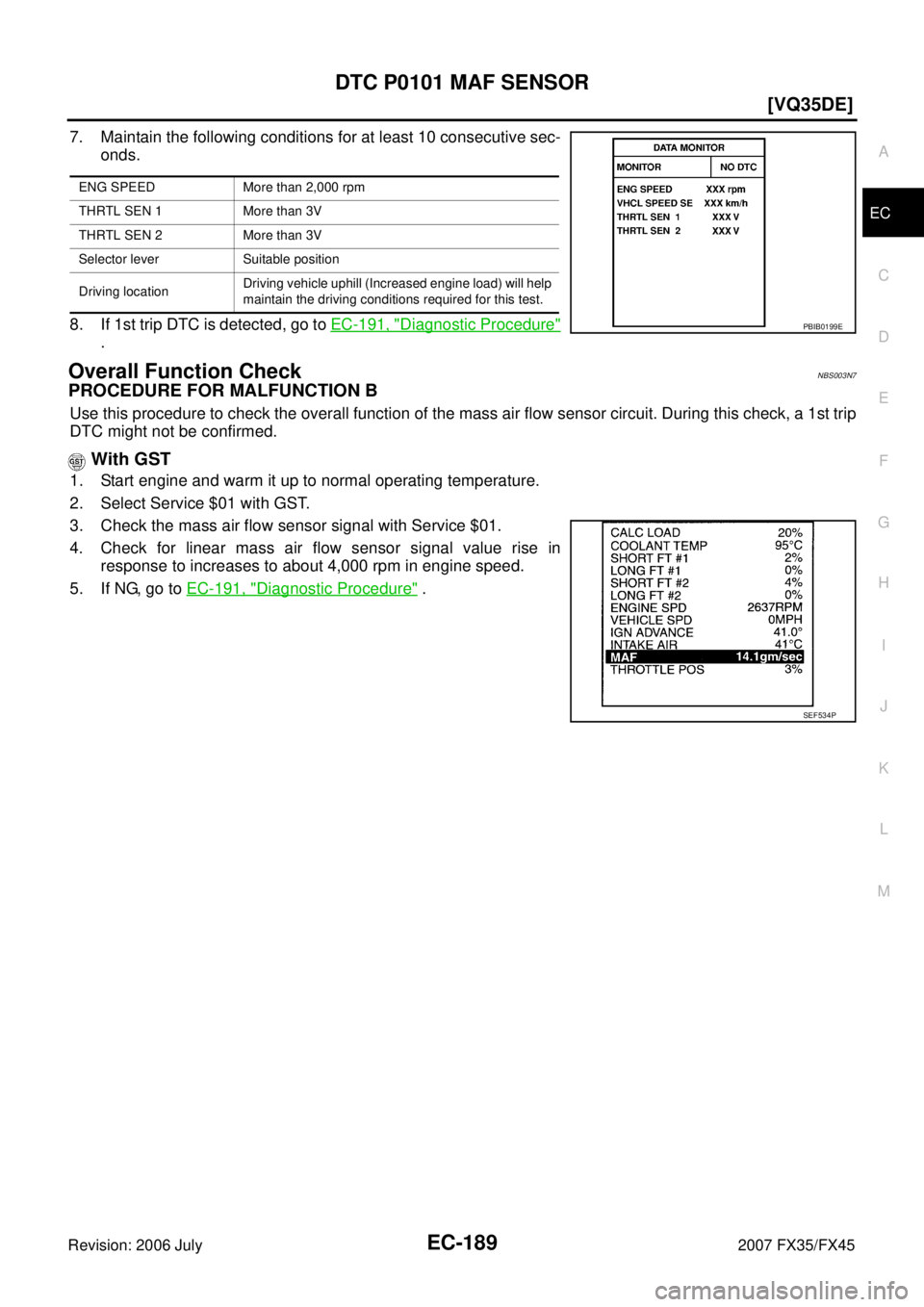 INFINITI FX35 2007  Service Manual DTC P0101 MAF SENSOR EC-189
[VQ35DE]
C 
D  E 
F 
G  H 
I 
J 
K  L 
M  A
EC 
Revision: 2006 July  2007 FX35/FX45
7. Maintain the following conditions for at least 10 consecutive sec- 
onds. 
8. If 1st 