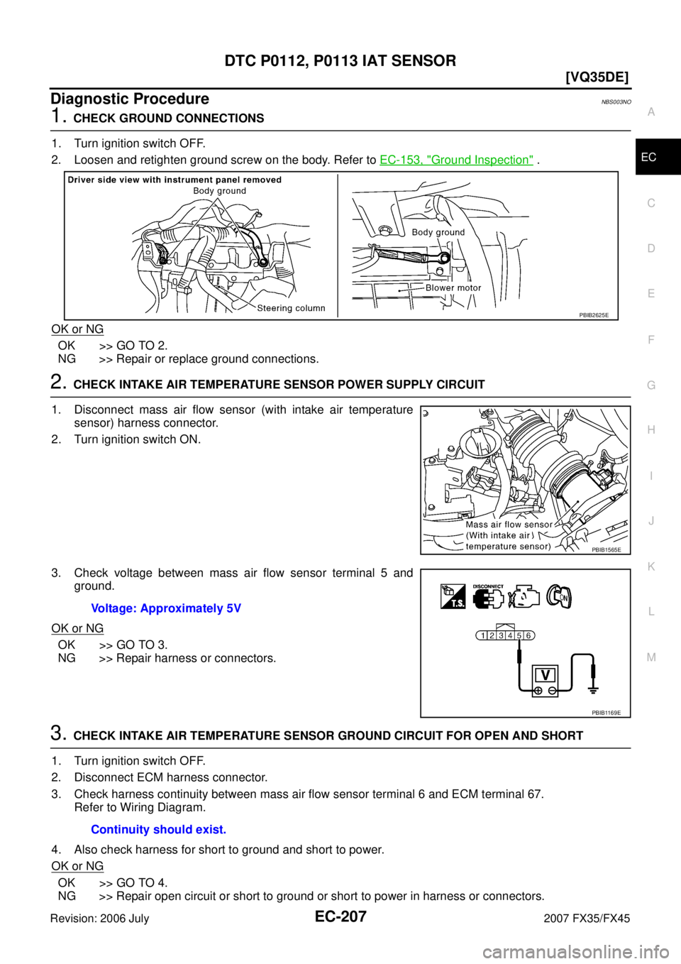 INFINITI FX35 2007  Service Manual DTC P0112, P0113 IAT SENSOR EC-207
[VQ35DE]
C 
D  E 
F 
G  H 
I 
J 
K  L 
M  A
EC 
Revision: 2006 July  2007 FX35/FX45
Diagnostic ProcedureNBS003NO
1. CHECK GROUND CONNECTIONS 
1. Turn ignition switch