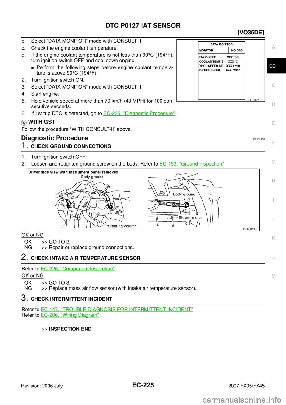 INFINITI FX35 2007  Service Manual DTC P0127 IAT SENSOR EC-225
[VQ35DE]
C 
D  E 
F 
G  H 
I 
J 
K  L 
M  A
EC 
Revision: 2006 July  2007 FX35/FX45
b. Select “DATA MONITOR” mode with CONSULT-II. 
c. Check the engine coolant temperat