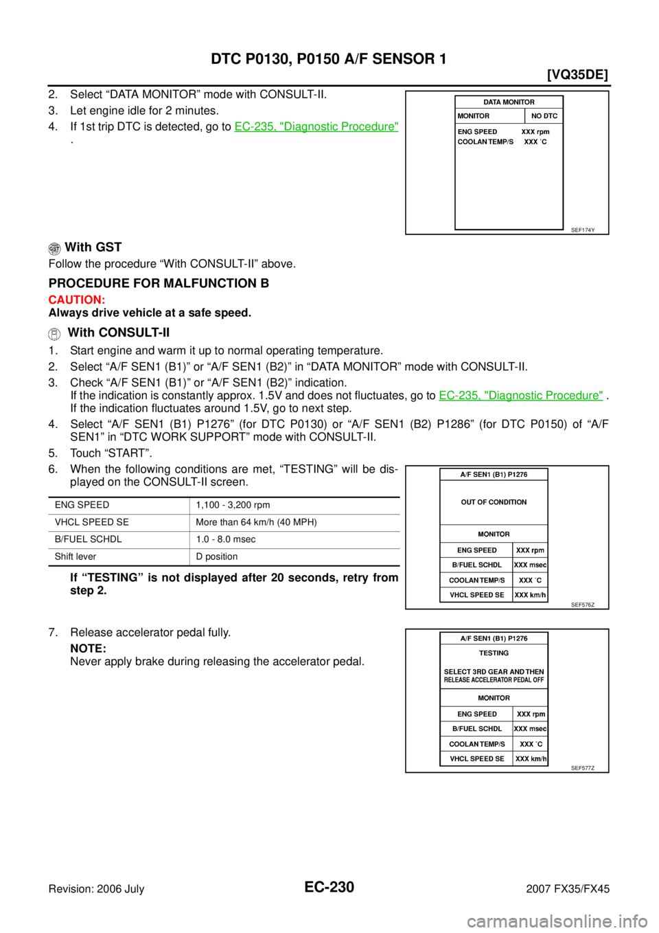 INFINITI FX35 2007  Service Manual EC-230
[VQ35DE]
DTC P0130, P0150 A/F SENSOR 1
Revision: 2006 July 2007 FX35/FX45
2. Select “DATA MONITOR” mode with CONSULT-II. 
3. Let engine idle for 2 minutes.
4. If 1st trip DTC is detected, g