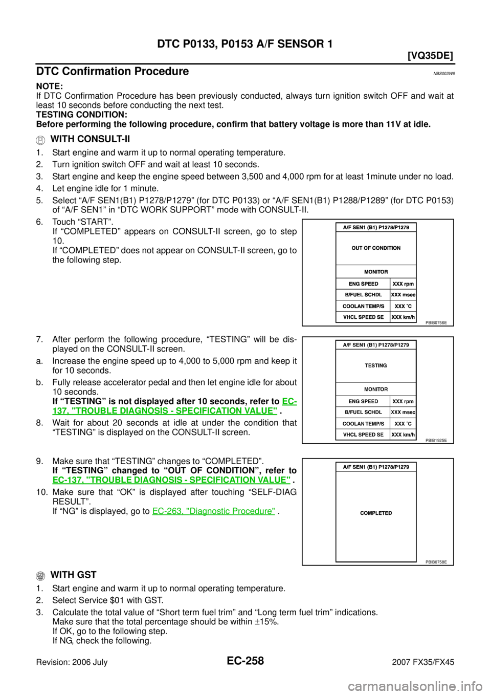 INFINITI FX35 2007  Service Manual EC-258
[VQ35DE]
DTC P0133, P0153 A/F SENSOR 1
Revision: 2006 July 2007 FX35/FX45
DTC Confirmation ProcedureNBS003W6
NOTE: 
If DTC Confirmation Procedure has been previously conducted, always turn igni