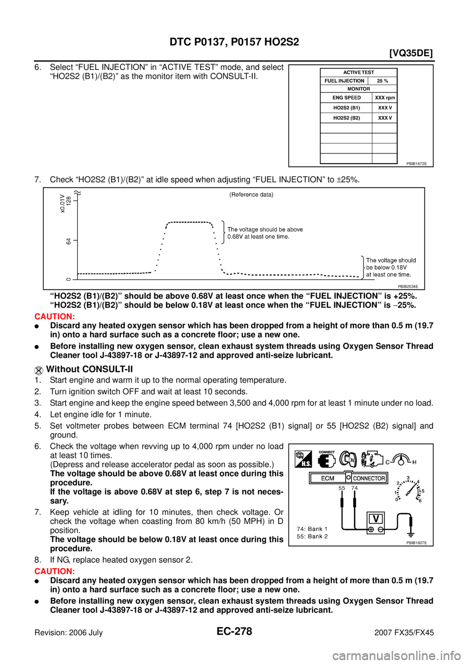 INFINITI FX35 2007  Service Manual EC-278
[VQ35DE]
DTC P0137, P0157 HO2S2
Revision: 2006 July 2007 FX35/FX45
6. Select “FUEL INJECTION” in “ACTIVE TEST” mode, and select 
“HO2S2 (B1)/(B2)” as the monitor item with CONSULT-I