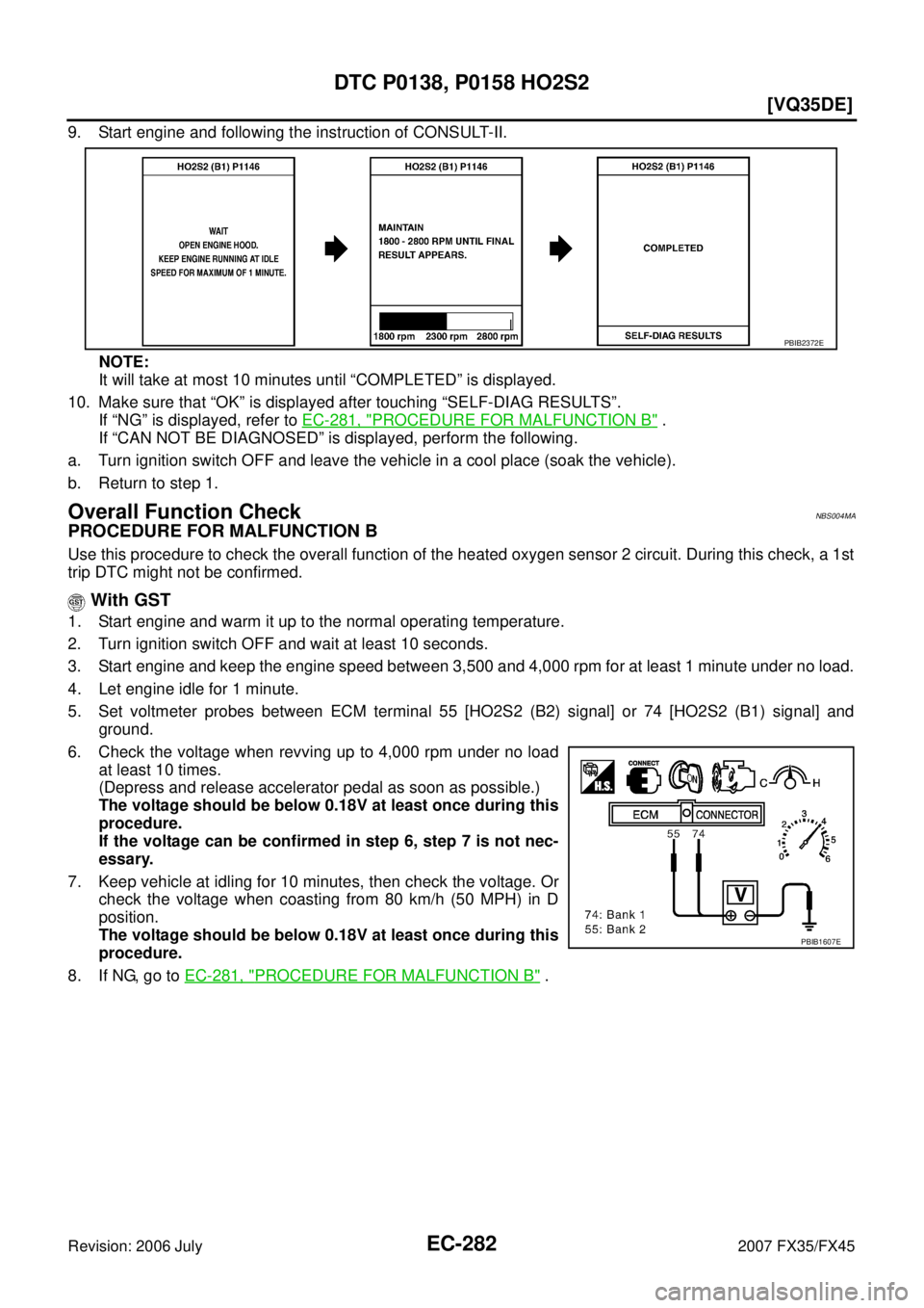 INFINITI FX35 2007  Service Manual EC-282
[VQ35DE]
DTC P0138, P0158 HO2S2
Revision: 2006 July 2007 FX35/FX45
9. Start engine and following the instruction of CONSULT-II. 
NOTE: 
It will take at most 10 minutes until “COMPLETED” is 