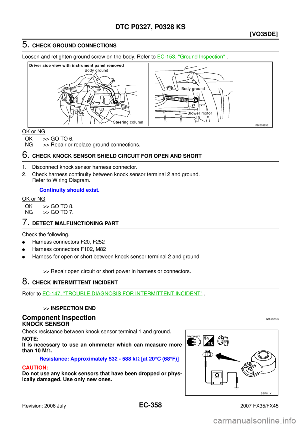 INFINITI FX35 2007  Service Manual EC-358
[VQ35DE]
DTC P0327, P0328 KS
Revision: 2006 July 2007 FX35/FX45
5. CHECK GROUND CONNECTIONS 
Loosen and retighten ground screw on the body. Refer to   EC-153, "
Ground Inspection" . 
OK or NG
O