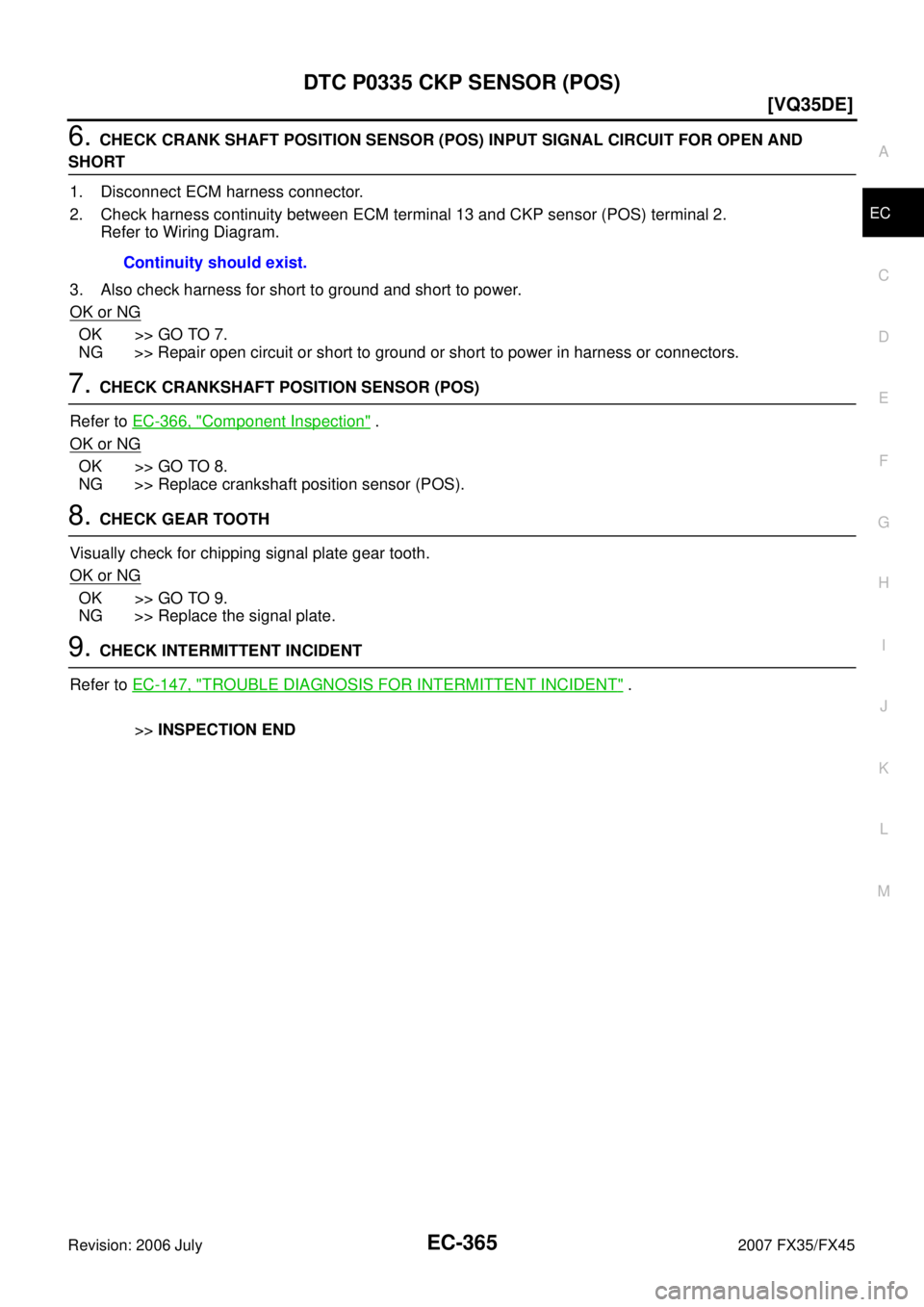 INFINITI FX35 2007  Service Manual DTC P0335 CKP SENSOR (POS) EC-365
[VQ35DE]
C 
D  E 
F 
G  H 
I 
J 
K  L 
M  A
EC 
Revision: 2006 July  2007 FX35/FX45
6. CHECK CRANK SHAFT POSITION SENSOR (POS) INPUT SIGNAL CIRCUIT FOR OPEN AND 
SHOR