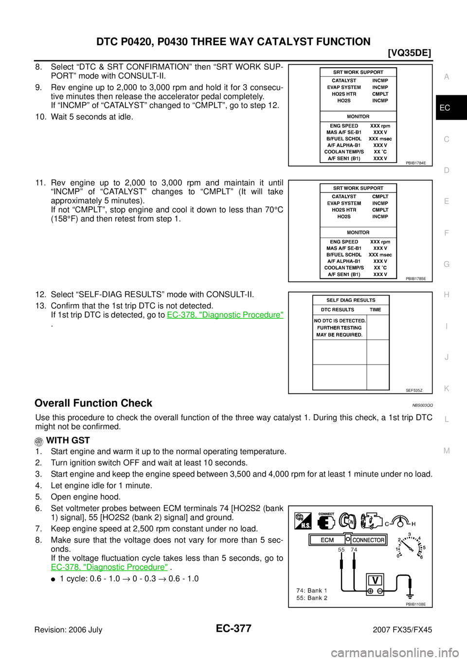 INFINITI FX35 2007  Service Manual DTC P0420, P0430 THREE WAY CATALYST FUNCTION EC-377
[VQ35DE]
C 
D  E 
F 
G  H 
I 
J 
K  L 
M  A
EC 
Revision: 2006 July  2007 FX35/FX45
8. Select “DTC & SRT CONFIRMATION” then “SRT WORK SUP- 
PO