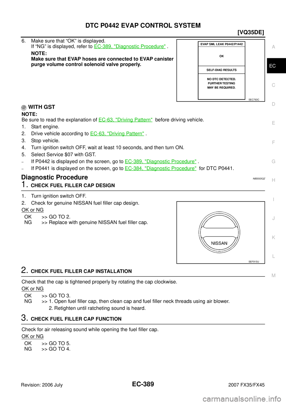 INFINITI FX35 2007  Service Manual DTC P0442 EVAP CONTROL SYSTEM EC-389
[VQ35DE]
C 
D  E 
F 
G  H 
I 
J 
K  L 
M  A
EC 
Revision: 2006 July  2007 FX35/FX45
6. Make sure that “OK” is displayed. 
If “NG” is displayed, refer to   