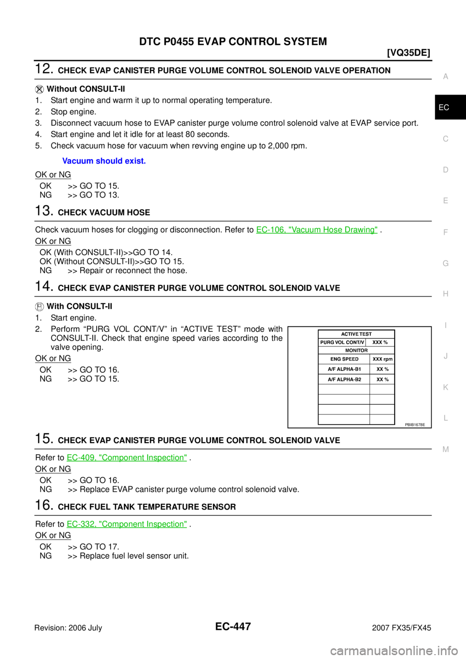 INFINITI FX35 2007  Service Manual DTC P0455 EVAP CONTROL SYSTEM EC-447
[VQ35DE]
C 
D  E 
F 
G  H 
I 
J 
K  L 
M  A
EC 
Revision: 2006 July  2007 FX35/FX45
12. CHECK EVAP CANISTER PURGE VOLUME CONTROL SOLENOID VALVE OPERATION 
   Witho