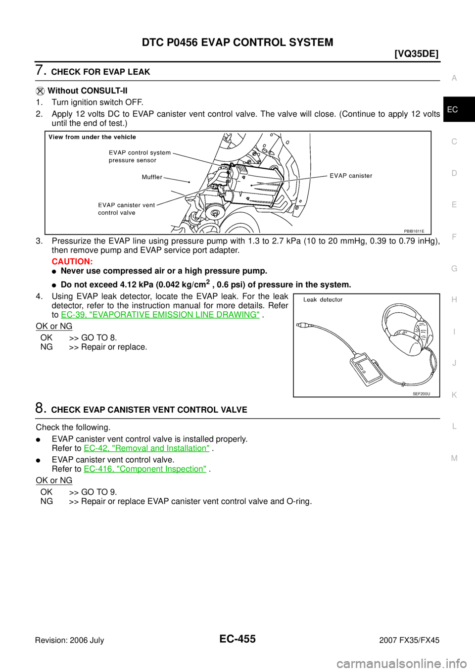 INFINITI FX35 2007  Service Manual DTC P0456 EVAP CONTROL SYSTEM EC-455
[VQ35DE]
C 
D  E 
F 
G  H 
I 
J 
K  L 
M  A
EC 
Revision: 2006 July  2007 FX35/FX45
7. CHECK FOR EVAP LEAK 
   Without CONSULT-II 
1. Turn ignition switch OFF.
2. 