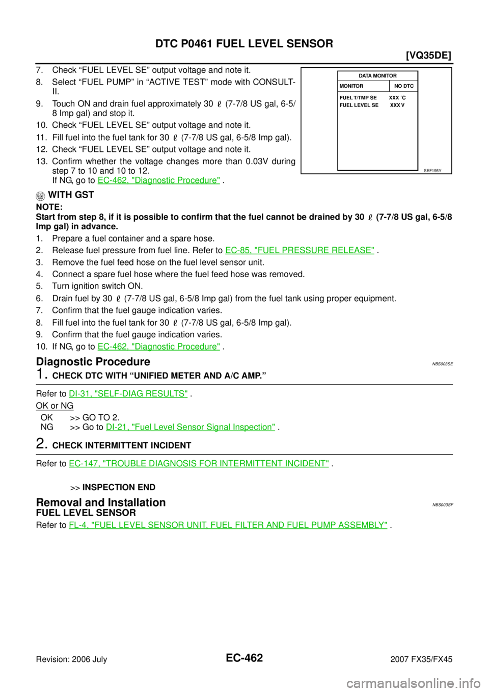 INFINITI FX35 2007  Service Manual EC-462
[VQ35DE]
DTC P0461 FUEL LEVEL SENSOR
Revision: 2006 July 2007 FX35/FX45
7. Check “FUEL LEVEL SE” output voltage and note it. 
8. Select “FUEL PUMP” in “ACTIVE TEST” mode with CONSUL