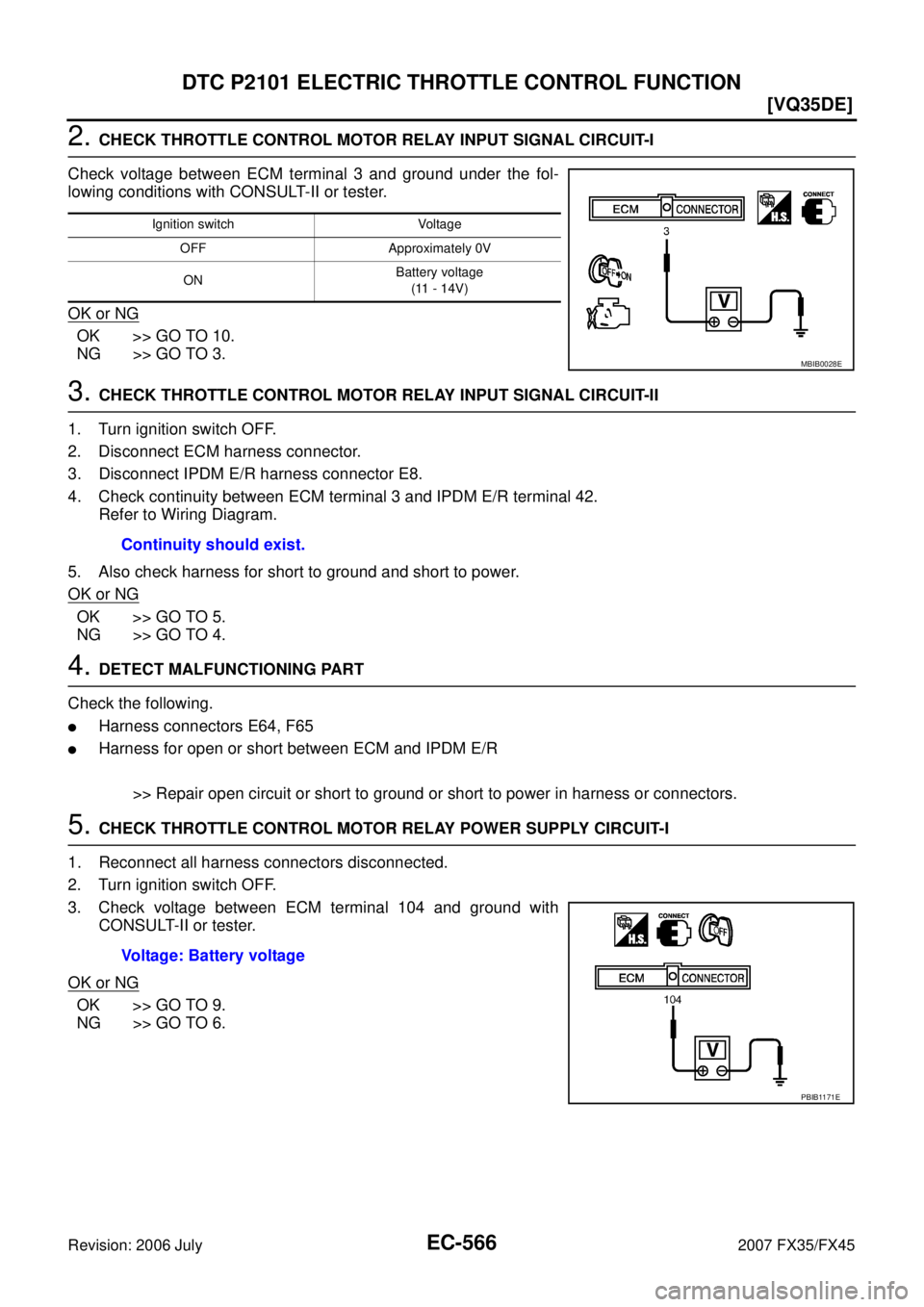 INFINITI FX35 2007  Service Manual EC-566
[VQ35DE]
DTC P2101 ELECTRIC THROTTLE CONTROL FUNCTION
Revision: 2006 July 2007 FX35/FX45
2. CHECK THROTTLE CONTROL MOTOR RELAY INPUT SIGNAL CIRCUIT-I 
Check voltage between ECM terminal 3 and g