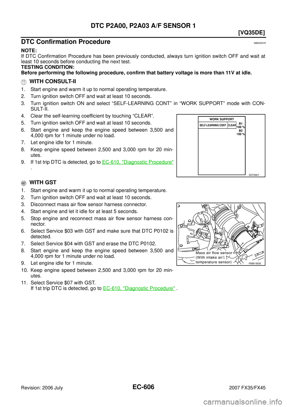 INFINITI FX35 2007  Service Manual EC-606
[VQ35DE]
DTC P2A00, P2A03 A/F SENSOR 1
Revision: 2006 July 2007 FX35/FX45
DTC Confirmation ProcedureNBS003VK
NOTE: 
If DTC Confirmation Procedure has been previously conducted, always turn igni