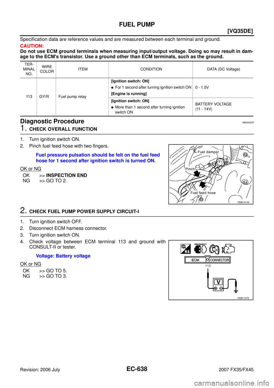 INFINITI FX35 2007  Service Manual EC-638
[VQ35DE]
FUEL PUMP
Revision: 2006 July 2007 FX35/FX45
Specification data are reference values and are measured between each terminal and ground. 
CAUTION: 
Do not use ECM ground terminals when 