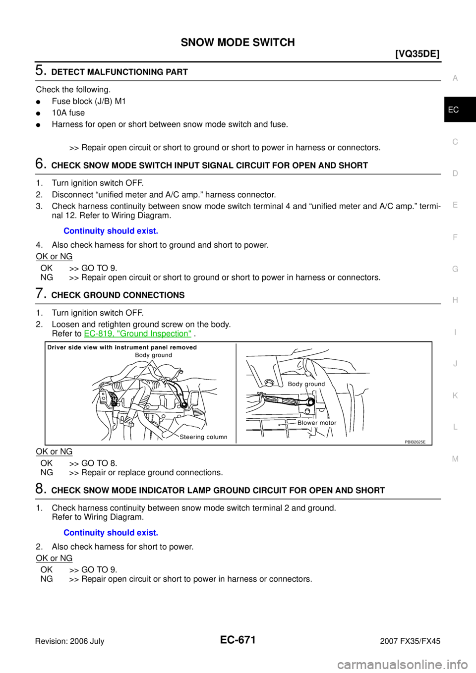 INFINITI FX35 2007  Service Manual SNOW MODE SWITCH EC-671
[VQ35DE]
C 
D  E 
F 
G  H 
I 
J 
K  L 
M  A
EC 
Revision: 2006 July  2007 FX35/FX45
5. DETECT MALFUNCTIONING PART 
Check the following.
Fuse block (J/B) M1
10A fuse
Harness 