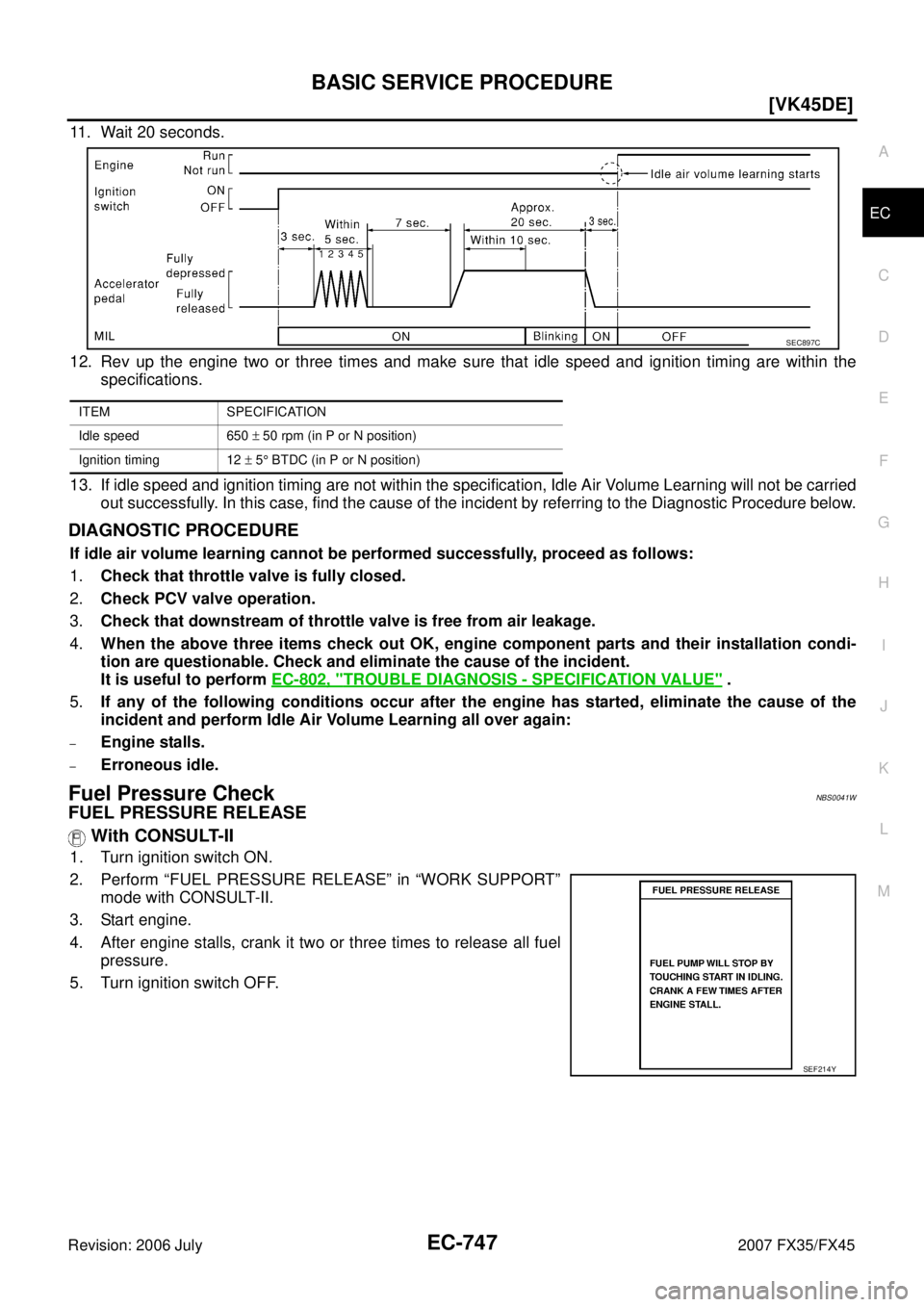 INFINITI FX35 2007  Service Manual BASIC SERVICE PROCEDURE EC-747
[VK45DE]
C 
D  E 
F 
G  H 
I 
J 
K  L 
M  A
EC 
Revision: 2006 July  2007 FX35/FX45
11. Wait 20 seconds. 
12. Rev up the engine two or three times and make sure that idl