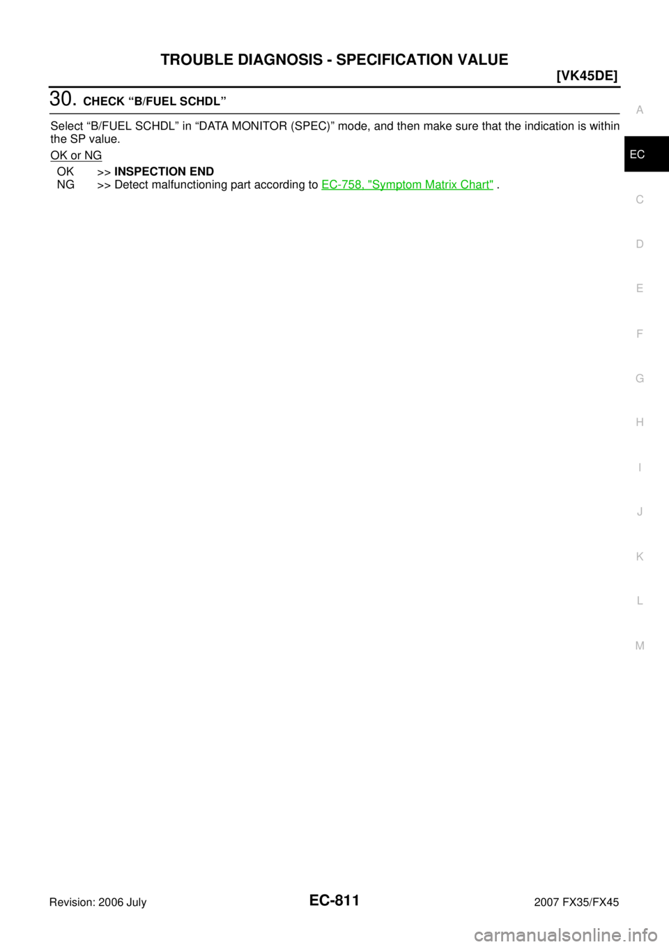 INFINITI FX35 2007  Service Manual TROUBLE DIAGNOSIS - SPECIFICATION VALUE EC-811
[VK45DE]
C 
D  E 
F 
G  H 
I 
J 
K  L 
M  A
EC 
Revision: 2006 July  2007 FX35/FX45
30. CHECK “B/FUEL SCHDL” 
Select “B/FUEL SCHDL” in “DATA MO