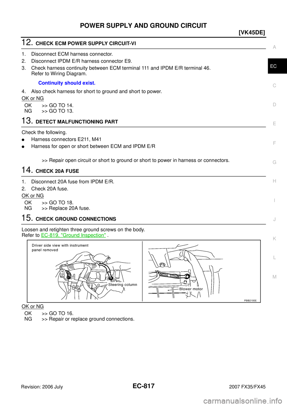INFINITI FX35 2007  Service Manual POWER SUPPLY AND GROUND CIRCUIT EC-817
[VK45DE]
C 
D  E 
F 
G  H 
I 
J 
K  L 
M  A
EC 
Revision: 2006 July  2007 FX35/FX45
12. CHECK ECM POWER SUPPLY CIRCUIT-VI 
1. Disconnect ECM harness connector. 
