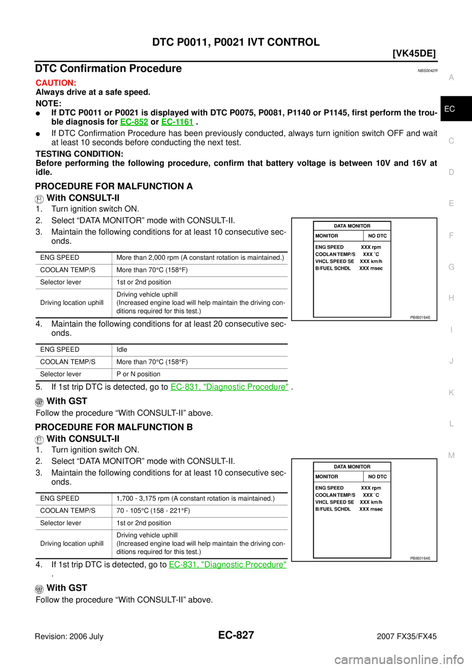 INFINITI FX35 2007  Service Manual DTC P0011, P0021 IVT CONTROL EC-827
[VK45DE]
C 
D  E 
F 
G  H 
I 
J 
K  L 
M  A
EC 
Revision: 2006 July  2007 FX35/FX45
DTC Confirmation ProcedureNBS0042R
CAUTION: 
Always drive at a safe speed. 
NOTE