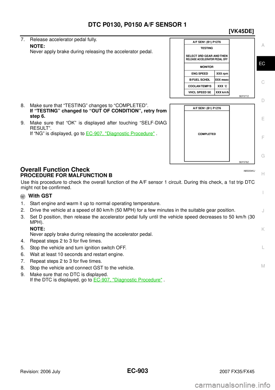 INFINITI FX35 2007  Service Manual DTC P0130, P0150 A/F SENSOR 1 EC-903
[VK45DE]
C 
D  E 
F 
G  H 
I 
J 
K  L 
M  A
EC 
Revision: 2006 July  2007 FX35/FX45
7. Release accelerator pedal fully. 
NOTE: 
Never apply brake during releasing 