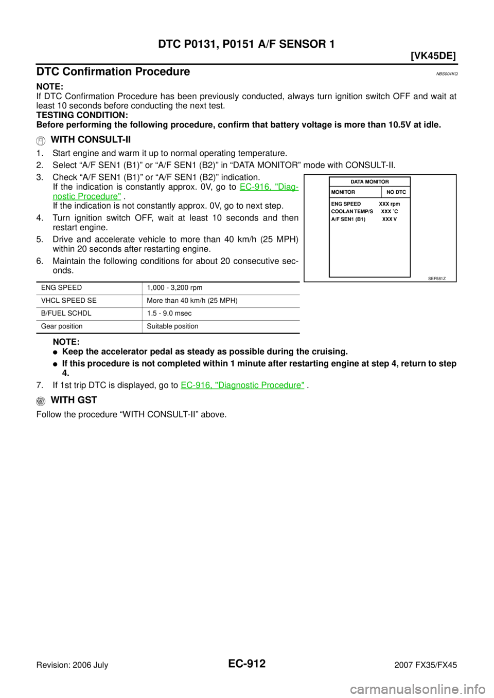 INFINITI FX35 2007  Service Manual EC-912
[VK45DE]
DTC P0131, P0151 A/F SENSOR 1
Revision: 2006 July 2007 FX35/FX45
DTC Confirmation ProcedureNBS004KQ
NOTE: 
If DTC Confirmation Procedure has been previously conducted, always turn igni