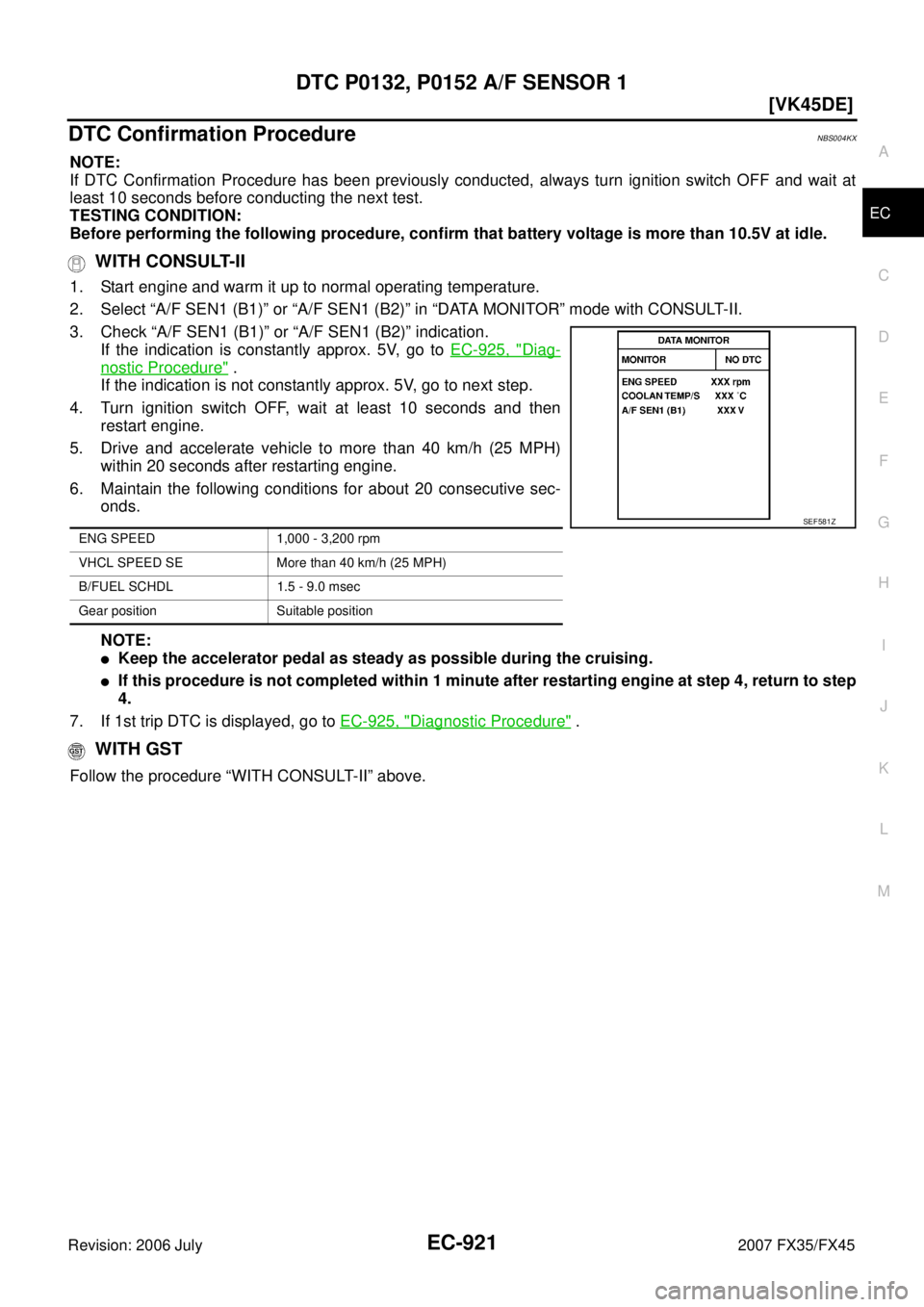 INFINITI FX35 2007  Service Manual DTC P0132, P0152 A/F SENSOR 1 EC-921
[VK45DE]
C 
D  E 
F 
G  H 
I 
J 
K  L 
M  A
EC 
Revision: 2006 July  2007 FX35/FX45
DTC Confirmation ProcedureNBS004KX
NOTE: 
If DTC Confirmation Procedure has bee