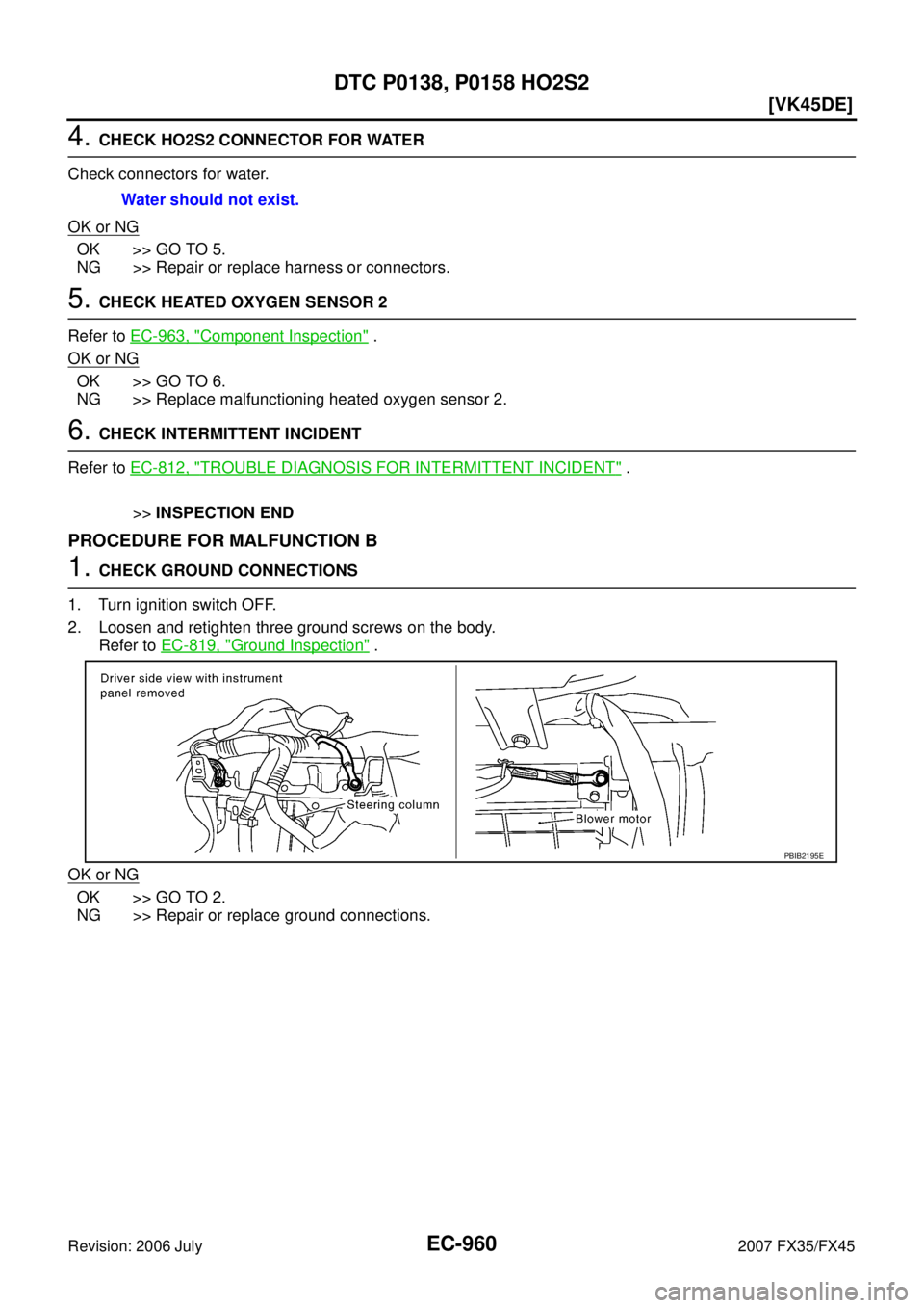 INFINITI FX35 2007  Service Manual EC-960
[VK45DE]
DTC P0138, P0158 HO2S2
Revision: 2006 July 2007 FX35/FX45
4. CHECK HO2S2 CONNECTOR FOR WATER 
Check connectors for water. 
OK or NG
OK >> GO TO 5. 
NG >> Repair or replace harness or c