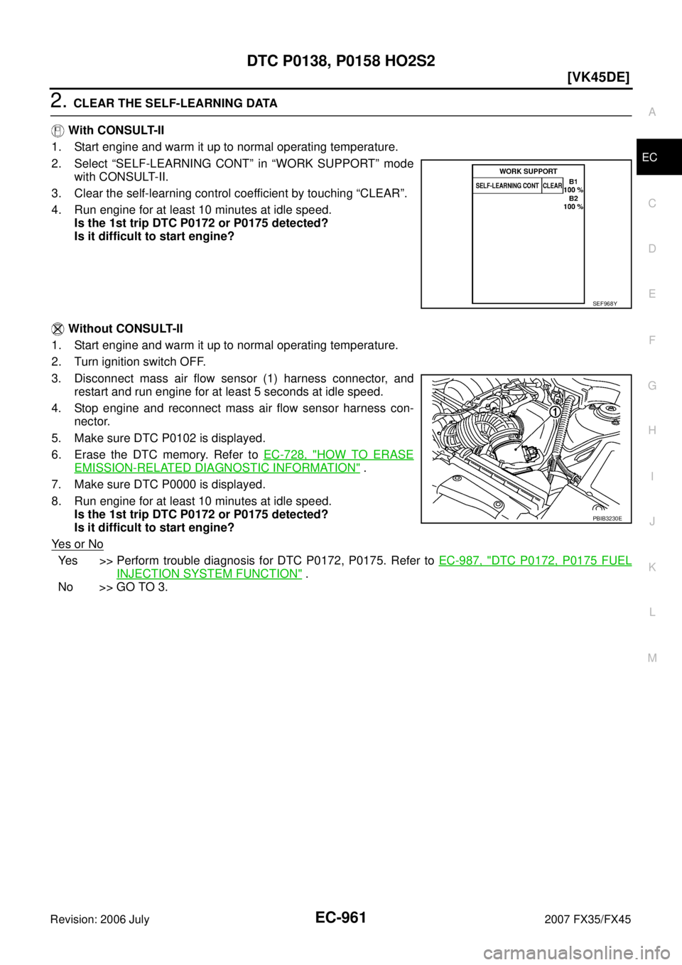 INFINITI FX35 2007  Service Manual DTC P0138, P0158 HO2S2 EC-961
[VK45DE]
C 
D  E 
F 
G  H 
I 
J 
K  L 
M  A
EC 
Revision: 2006 July  2007 FX35/FX45
2. CLEAR THE SELF-LEARNING DATA 
   With CONSULT-II 
1. Start engine and warm it up to