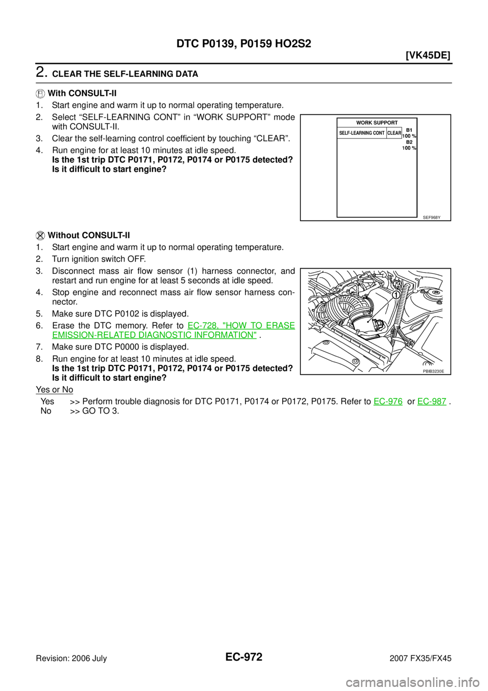INFINITI FX35 2007  Service Manual EC-972
[VK45DE]
DTC P0139, P0159 HO2S2
Revision: 2006 July 2007 FX35/FX45
2. CLEAR THE SELF-LEARNING DATA 
   With CONSULT-II 
1. Start engine and warm it up to normal operating temperature.
2. Select