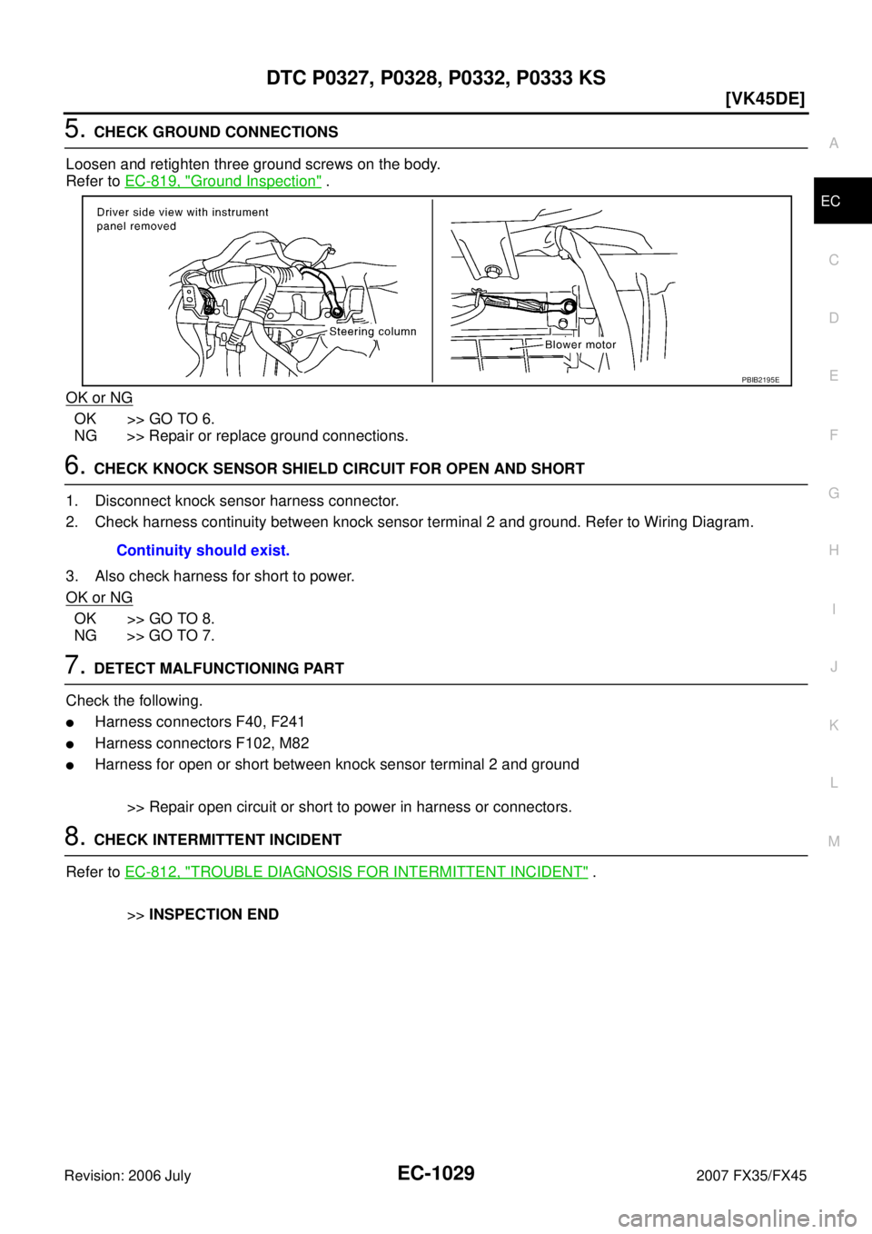 INFINITI FX35 2007  Service Manual DTC P0327, P0328, P0332, P0333 KS EC-1029
[VK45DE]
C 
D  E 
F 
G  H 
I 
J 
K  L 
M  A
EC 
Revision: 2006 July  2007 FX35/FX45
5. CHECK GROUND CONNECTIONS 
Loosen and retighten three ground screws on t
