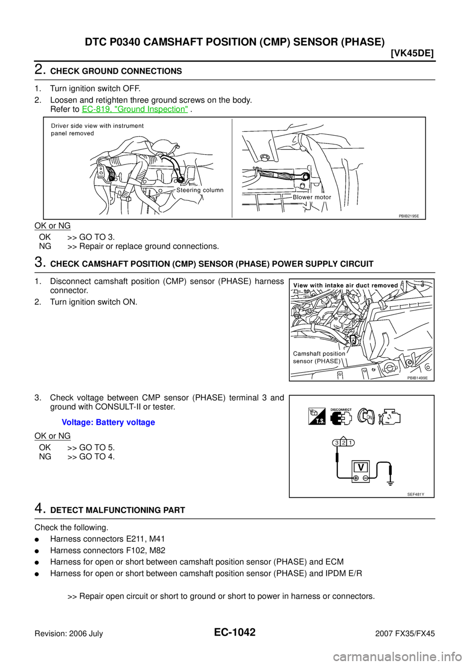 INFINITI FX35 2007  Service Manual EC-1042
[VK45DE]
DTC P0340 CAMSHAFT POSITION (CMP) SENSOR (PHASE)
Revision: 2006 July 2007 FX35/FX45
2. CHECK GROUND CONNECTIONS 
1. Turn ignition switch OFF. 
2. Loosen and retighten three ground scr