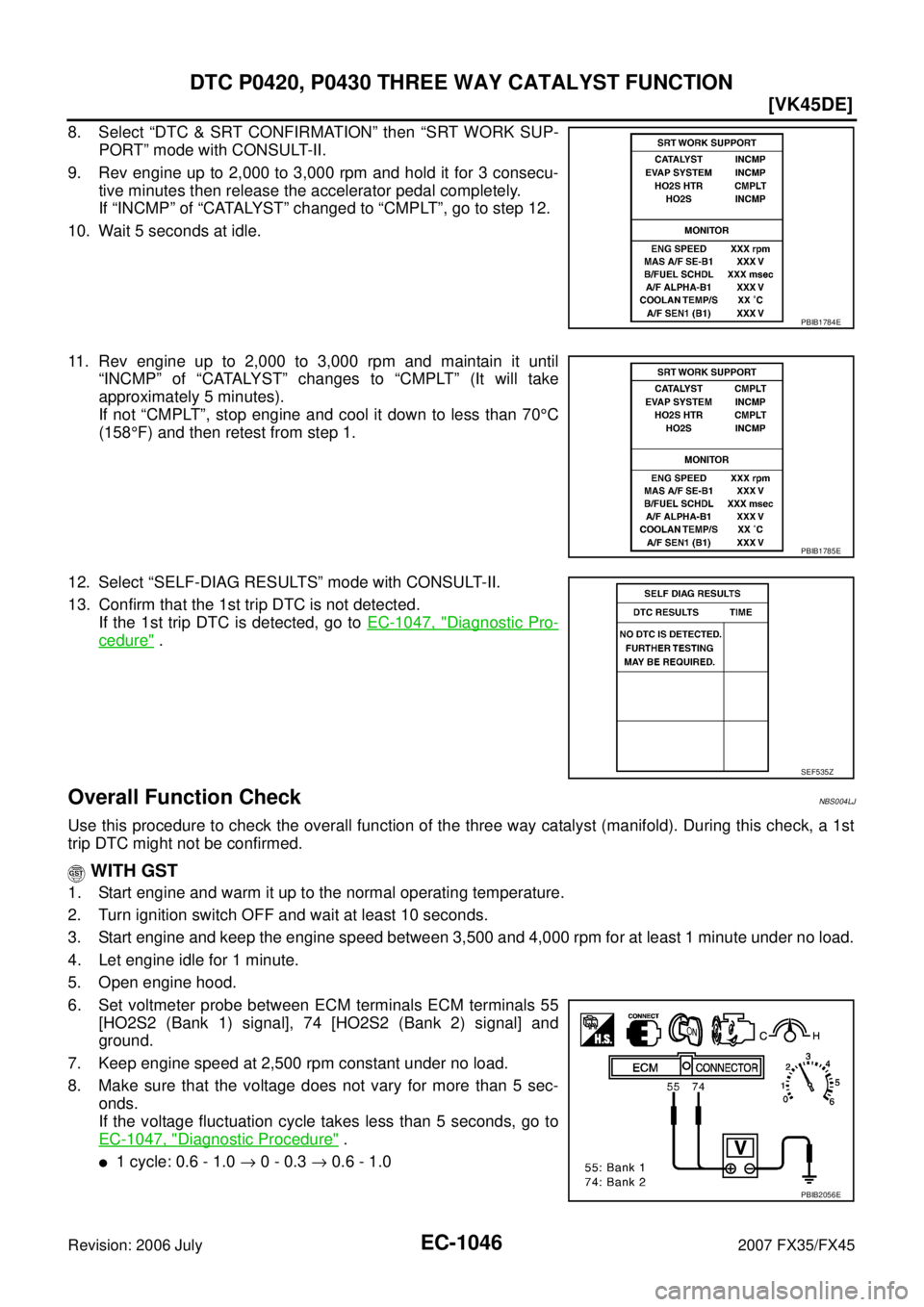 INFINITI FX35 2007  Service Manual EC-1046
[VK45DE]
DTC P0420, P0430 THREE WAY CATALYST FUNCTION
Revision: 2006 July 2007 FX35/FX45
8. Select “DTC & SRT CONFIRMATION” then “SRT WORK SUP- 
PORT” mode with CONSULT-II. 
9. Rev eng