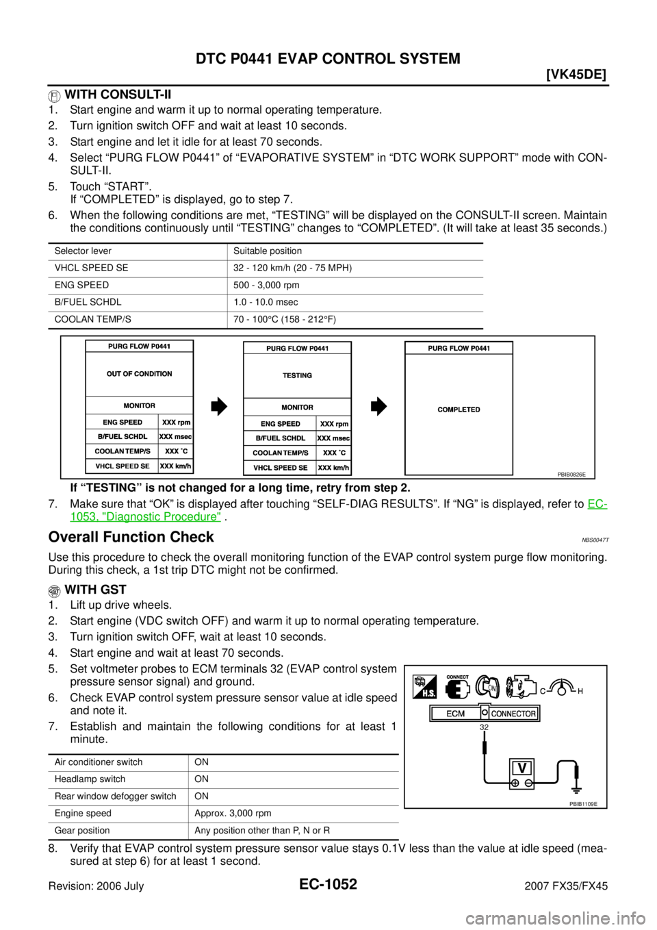 INFINITI FX35 2007  Service Manual EC-1052
[VK45DE]
DTC P0441 EVAP CONTROL SYSTEM
Revision: 2006 July 2007 FX35/FX45
 WITH CONSULT-II
1. Start engine and warm it up to normal operating temperature. 
2. Turn ignition switch OFF and wait
